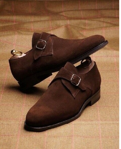 Handmade Men Brown Suede Monk Strap Shoes Fashion Dressing Shoes