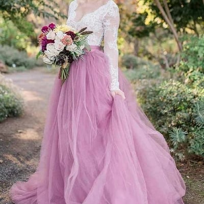 A-line v-neck long sleeves pink tulle wedding dress with lace appliques - Thumbnail 4