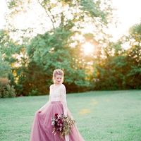 A-Line V-Neck Long Sleeves Pink Tulle Wedding Dress With Lace Appliques - Thumbnail 1