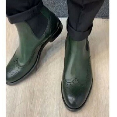 Handmade men green wing tip brogue chelsea boot, mens formal dress boots - Thumbnail 2