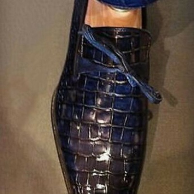 New men blue laces style moccasin crocodile texture leather dress business shoes - Thumbnail 2