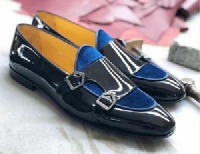 Handmade Men Blue Double Monk Strap Dress Business Shoes, Real Leather Suede