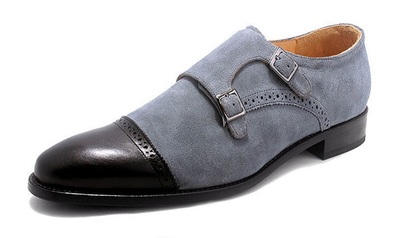 Men's Handmade Gray & Black Shoes, Men’s Leather & Suede Double Monk Straps
