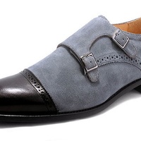 Men's Handmade Gray & Black Shoes, Men’s Leather & Suede Double Monk Straps - Thumbnail 2