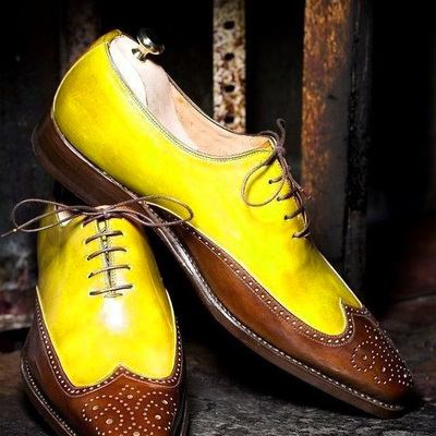 Mens yellow brownish leather oxfords wingtip casual lace up shoes - Thumbnail 3
