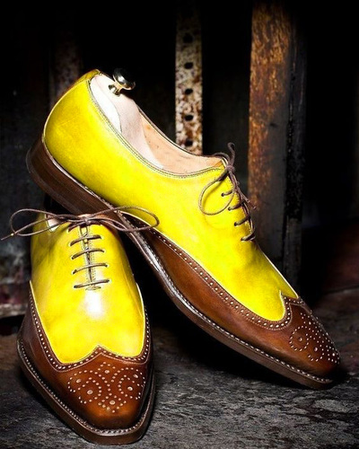 Mens Yellow Brownish Leather Oxfords Wingtip Casual Lace Up Shoes