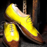 Mens Yellow Brownish Leather Oxfords Wingtip Casual Lace Up Shoes - Thumbnail 1
