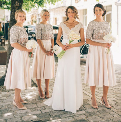 Pink Tea Length Bridesmaid Dresses with Sleeves