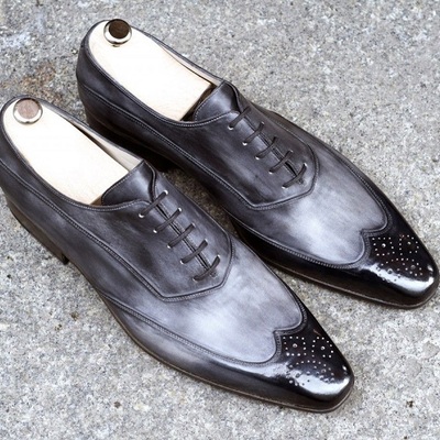 Handmade silver leather casual shoes, men's lace up wing tip dress shoes - Thumbnail 4