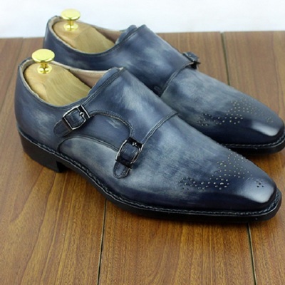 Handmade men's hand panted gray double monk leather shoes for men's - Thumbnail 2