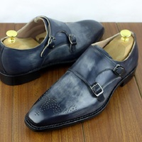 Handmade Men's Hand Panted Gray Double Monk Leather Shoes For Men's - Thumbnail 1