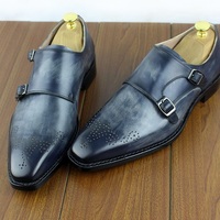 Handmade Men's Hand Panted Gray Double Monk Leather Shoes For Men's - Thumbnail 3