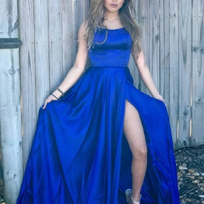 A-line spaghetti straps royal blue long prom dress - Thumbnail 5