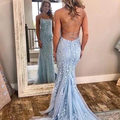 Mermaid light blue prom dress with appliques