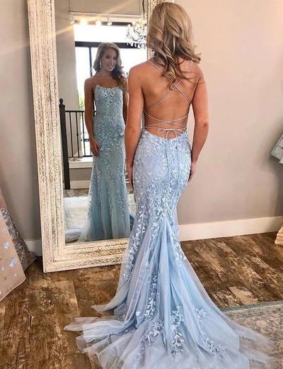 Mermaid Light Blue Prom Dress with Appliques