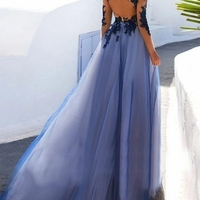 A-Line Long Sleeves Open Back Dark Blue Long Prom Dress - Thumbnail 1