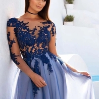 A-Line Long Sleeves Open Back Dark Blue Long Prom Dress - Thumbnail 2
