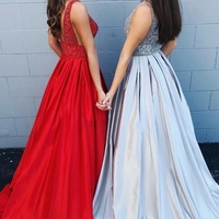 A-Line V-Neck Open Back Red Prom Dress with Beading - Thumbnail 1