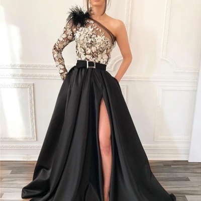 One shoulder long sleeves black prom dress with belt beading evening dress - Thumbnail 5