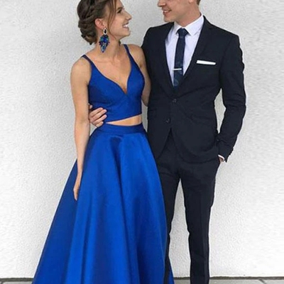 Simple two piece long royal blue satin prom dress - Thumbnail 5