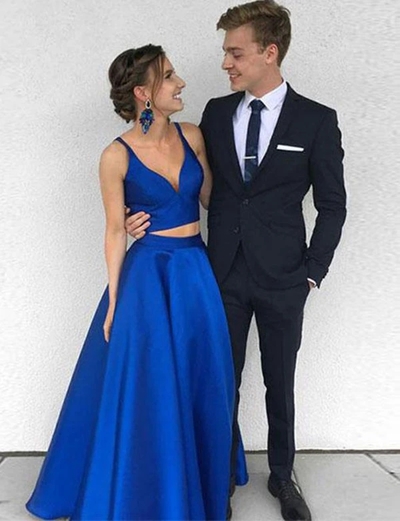 Simple Two Piece Long Royal Blue Satin Prom Dress