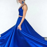 Simple Two Piece Long Royal Blue Satin Prom Dress - Thumbnail 1
