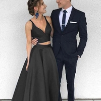 Simple Two Piece Long Royal Blue Satin Prom Dress - Thumbnail 2