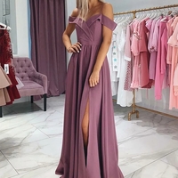 Elegant A-Line Off the Shoulder Purple Long Prom Party Dress with Split - Thumbnail 1
