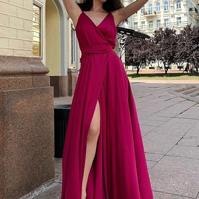 A-line v neck spaghetti straps fuchsia prom dress with split  - Thumbnail 5