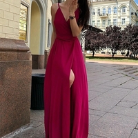 A-Line V Neck Spaghetti Straps Fuchsia Prom Dress with Split  - Thumbnail 1