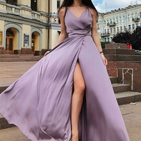 A-Line V Neck Spaghetti Straps Fuchsia Prom Dress with Split  - Thumbnail 3