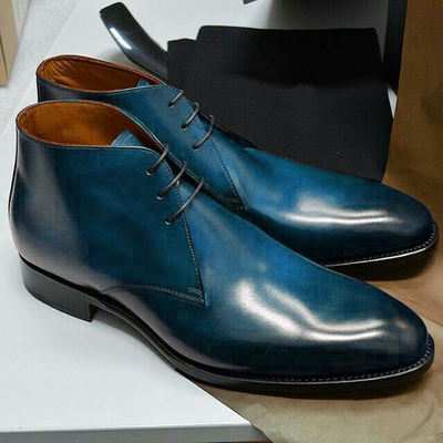 Men handmade blue black chukka leather lace up formal boot
