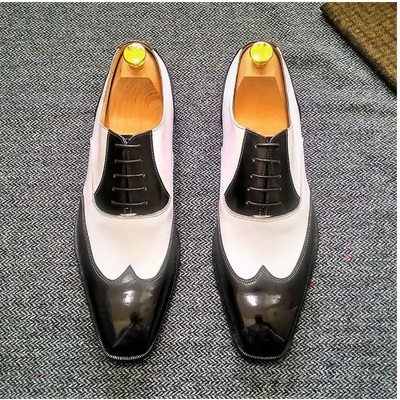 New black and white wing tip lace up leather dress formal business shoes - Thumbnail 2