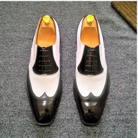 New Black and White Wing Tip Lace up Leather Dress Formal Business Shoes - Thumbnail 4