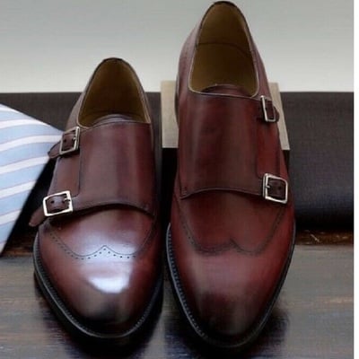 Handmade brown double monk leather dress shoes, maroon monk formal shoes - Thumbnail 4