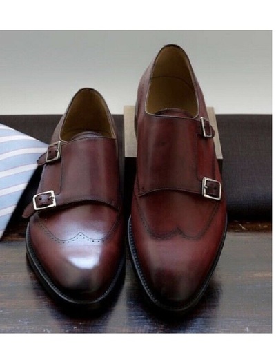 Handmade Brown Double Monk Leather Dress Shoes, Maroon Monk Formal Shoes