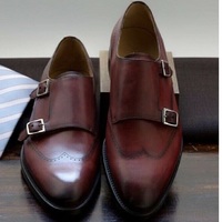Handmade Brown Double Monk Leather Dress Shoes, Maroon Monk Formal Shoes - Thumbnail 1