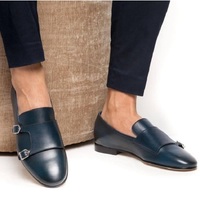 Handmade Mens Navy Blue Round Toe Monk Shoes, Men Blue Dress Shoes - Thumbnail 1