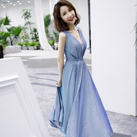 Shiny v neck short prom dress blue evening dress - Thumbnail 1