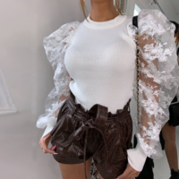 Sexy Flower Embroidery Mesh Splicing Puff Sleeves Tops - Thumbnail 1