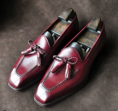 Handmade Men's Burgundy Loafer Tassels Dress Shoes, Real Leather Office Shoes