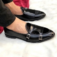 Handmade Men's Black Double Monk Strap Round Toe Casual Leather and Suede Shoes - Thumbnail 4