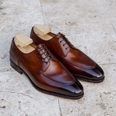Handmade men brown derby lace up round toe business shoes, real leather shoes - Thumbnail 3