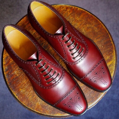 New handmade oxfords burgundy captoe lace up formal leather shoes