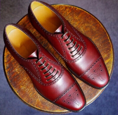 New Handmade Oxfords Burgundy CapToe Lace Up Formal Leather Shoes
