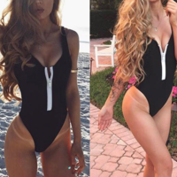 Woman'S Zipper Solid One-Piece Suits Swimwear  - Thumbnail 2