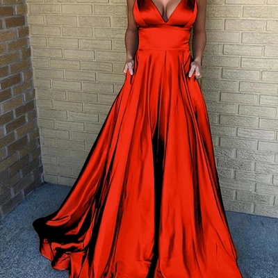 A-line spaghetti straps sweep train champagne prom dress with pockets - Thumbnail 5