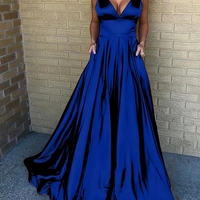 A-Line Spaghetti Straps Sweep Train Champagne Prom Dress with Pockets - Thumbnail 2