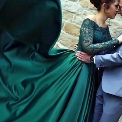 A-line off the shoulder long sleeves dark green prom dress - Thumbnail 5