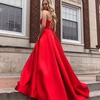 Gorgeous Ball Gown V Neck Cross Back Red Satin Long Prom Dresses - Thumbnail 1